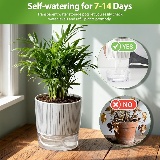 3 Pack Self Watering Pots Set, 5.5 Inch Self Watering Pots for Indoor Plants, Planter Pot with Wick Rope and Reservoir for African Violet, Spider Plant, Orchid