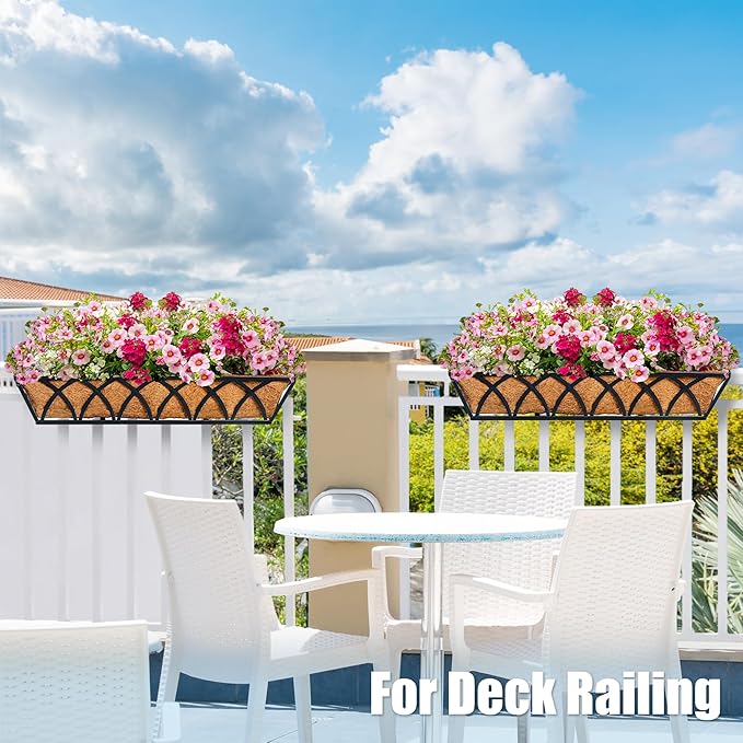 6pcs 24 Inch Window Deck with Coco Liner, 24" Window Boxes Horse Trough with Coconut Coir Liner, Metal Hanging Flower Planter Window Basket Deck Railing Planter Boxes for Outdoor Indoor Lawn