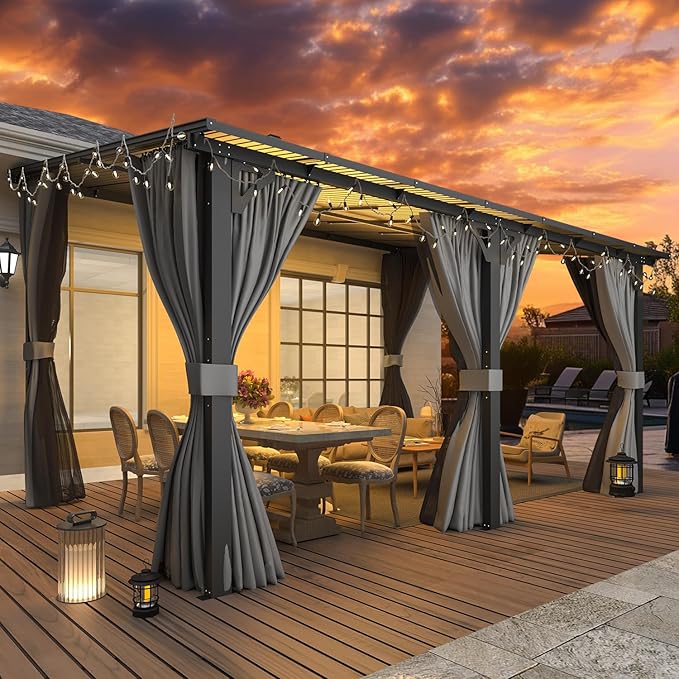 AECOJOY 14' x 10' Gazebo for Patio, Hard Top Lean to Gazebo Pergola with Curtains and Mosquito Netting, Large Wall-Mounted Heavy Duty Awnings for Patio, Decks, Backyard and More