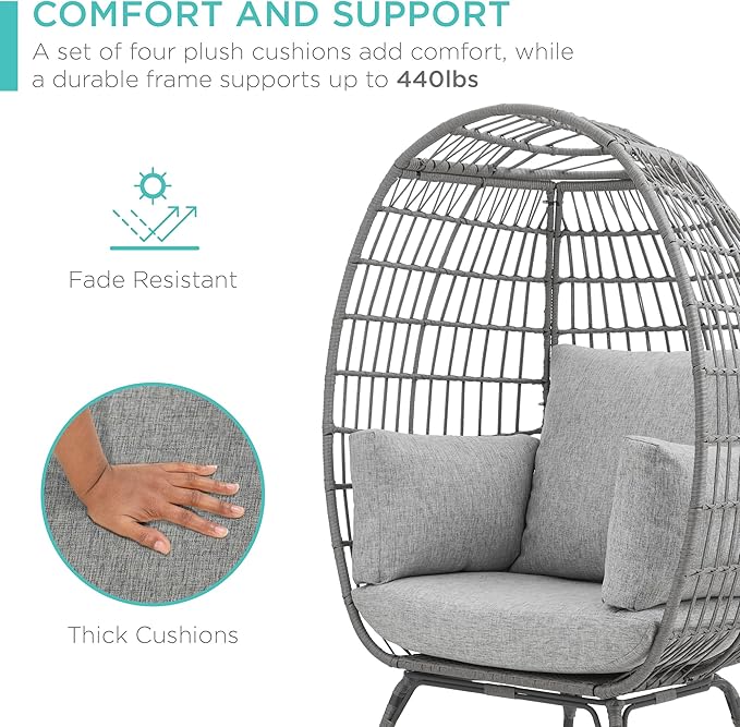 Best Choice Products Wicker Egg Chair, Oversized Indoor Outdoor Lounger for Patio, Backyard, Living Room w/ 4 Cushions, Steel Frame, 440lb Capacity - Gray/Heather Gray