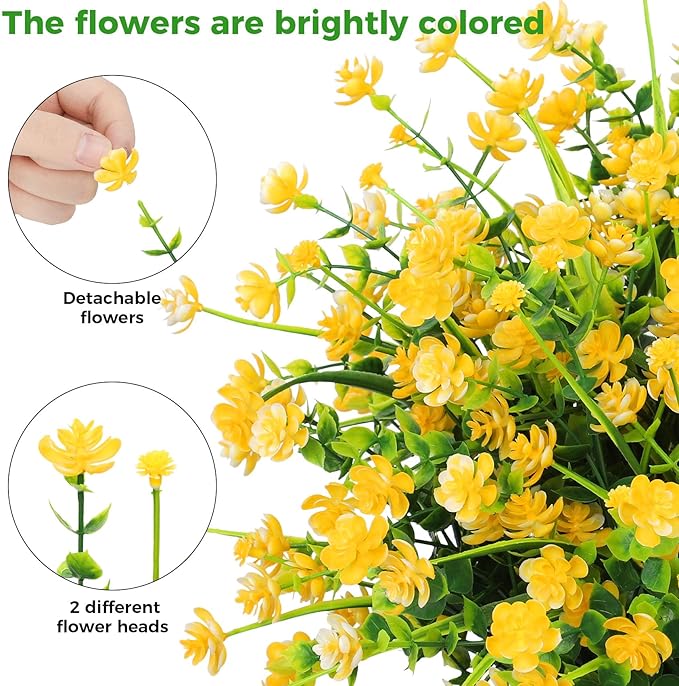 20 Bundles Artificial Flowers for Outdoors Fake Plastic Flowers UV Resistant Realistic Faux Plants Shrubs for Spring Summer Garden Porch Yard Patio Planter Window Box Home Decor, Yellow