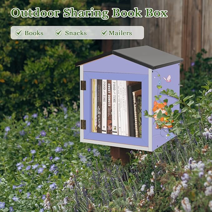 Outdoor Library Outdoor Book Box Storage Small Wooden Cabinet Little Literature Box for Neighborhoods Community and Schools Sharing Books, Flyers, Newspapers, Food and Art (B)