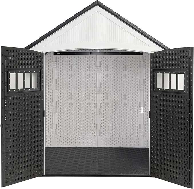 Rubbermaid Resin Outdoor Storage Shed With Floor (7 x 7 Ft) Weather Resistant, White, Organization for Home/Backyard/Garden Tools/Lawn Mower/Bike Storage/Pool Supplies