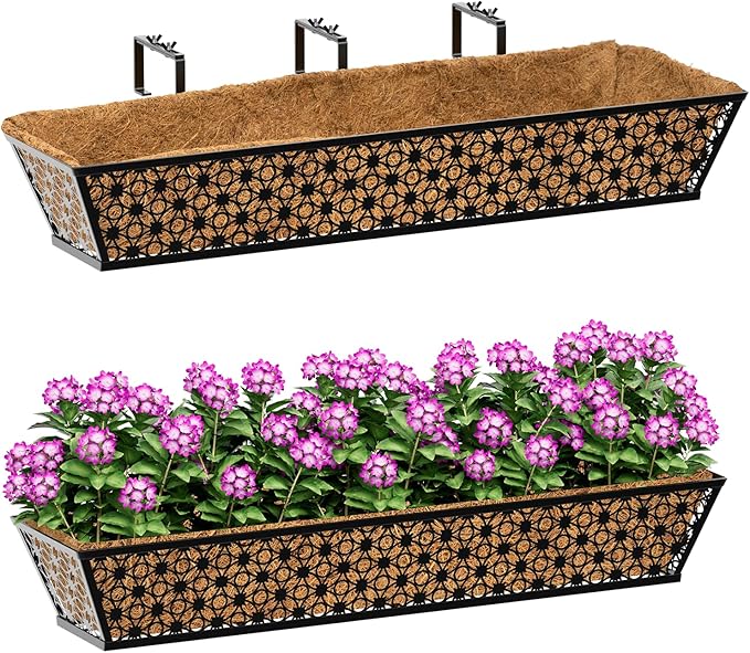 SPECILITE 30" Window Boxes Planters, Heavy Duty Metal Railing Planter Boxes, Adjustable Balcony Planters for Railing Hanging, with Coco Liner & Tool Set for Deck, Porch, and Patio Gardening (2 Pack)