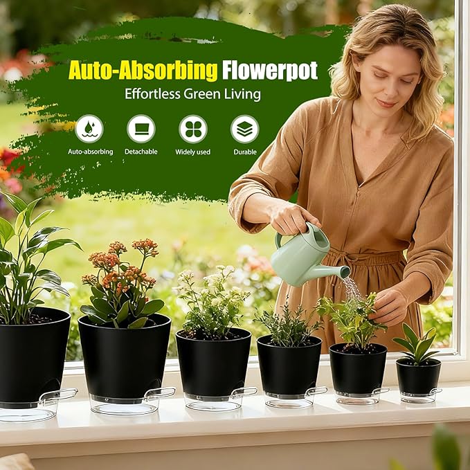Plant Pots 4/5/5.5/6/6.5/7 Inch Self Watering Pots, 6 Pack Plastic Planters with Drainage Holes and Clear Saucers,Plastic Flower Pots,Nursery Planting Pot for Indoor Out Door Plants(Black)