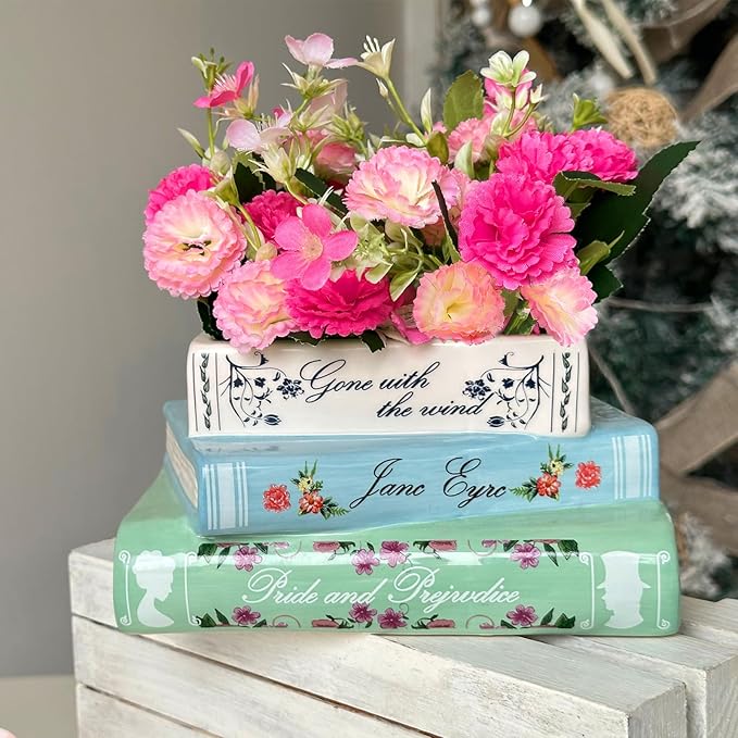 Small Book-Shaped Decorative Planter - Ceramic Vase for Flowers - Cute Bookshelf Home Bedroom Office Decor - Unique Classic Titles Bookstack Housewarming Gifts for Book Lovers