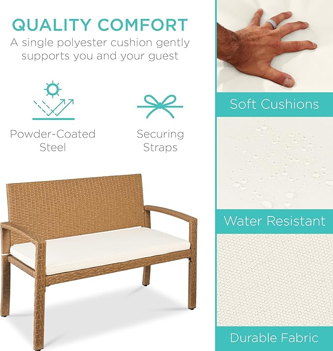 Best Choice Products Outdoor Bench 2-Person Wicker Garden Patio Benches Seating Furniture for Backyard, Porch w/Seat Cushion, 700lb Capacity - Ivory/Natural