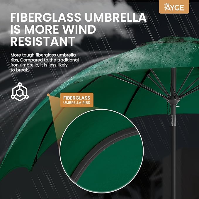Ayge 9FT Large Outdoor Patio Umbrella Market Table Umbrella-UV Resistant, Easy Push Button Tilt and Crank, 8 Sturdy Fiberglass Ribs Heavy-Duty Pool Umbrella for Deck, Backyard,Garden,Green