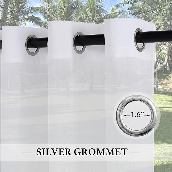 RYB HOME 2 Panels Pergola Curtains Outdoor - Linen Look Waterproof White Sheer Curtains Half Privacy Outdoor Curtains for Patio Porch Pool Hut Spa, 54 inches Wide x 96 inches Long