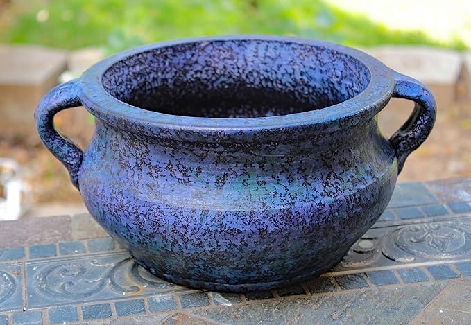 Goodman and Wife Egyptian Era Designed Earthen Ware Terra-Cotta Vessel/Planter with Looped Handles. Large Purple