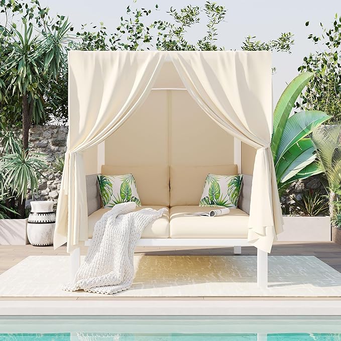 Merax Outdoor Patio Daybed with Soft Thick Cushions, Two Pillows and Curtains, Double Chaise Lounge Sunbed with Rubber Core Rope Backrest for Outside Pool,Garden,Backyard,Lawn, Beige