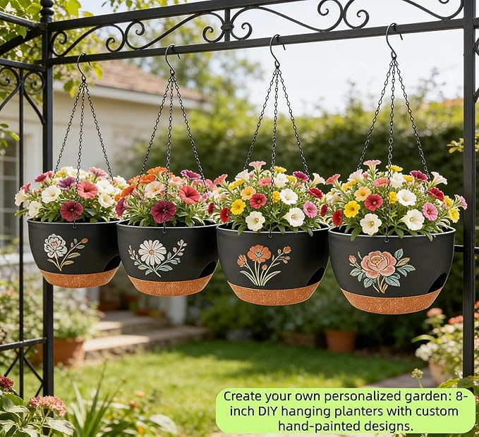 Set of 2-8 Inch Self Watering Hanging Planters for Indoor Outdoor，Hanging Plant Pots with Drainage & Removable Tray, Hanging Pots Holder for Ivy, Pothos, Ferns, Balcony & Patio, Black Brown