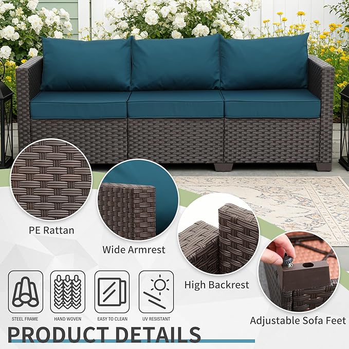 WAROOM Patio Couch PE Rattan 3-Seat Outdoor Sofa Brown Wicker Furniture Set Deep Seating with Anti-Slip Peacock Blue Cushion