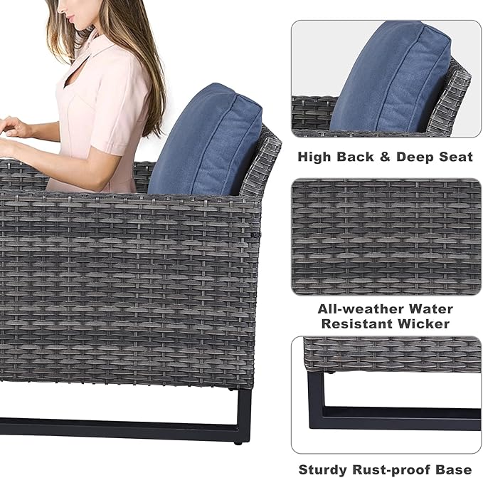 Belord Outdoor Bistro Set 3 Piece Outdoor Wicker Patio Chairs, Oversize Outdoor Rattan Seating Set, All-Weather Chairs Wicker Furniture with Metal Side Table and Water-Resistant Cushion for Outside