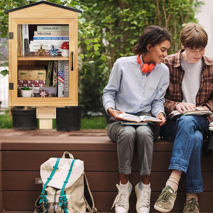 Outdoor Library Outdoor Book Box Storage Wooden Cabinet Little Literature Box for Neighborhoods Community and Schools Sharing Books, Flyers, Newspapers, Food and Art(C)