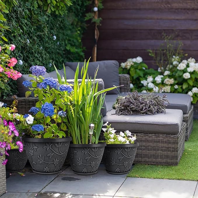 4 Pack 16 Inch Large Plant Pot for Outdoor, Plastic Flower Pot Indoor with Drainage Hole & Saucer, Modern Decorative Garden Pot, Imitation Magnolia Garden Pots for House Planters（Gray）