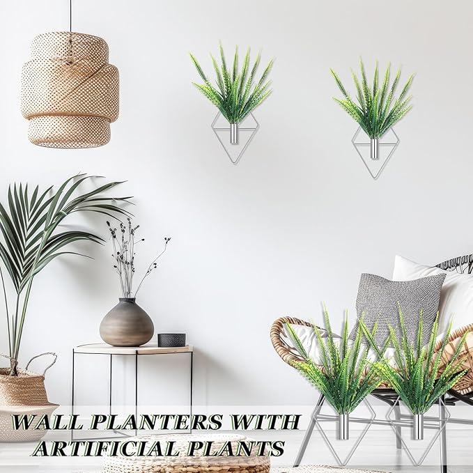 2 Pieces Wall Decor Hanging Planters with Artificial Plants Metal Hanging Vase Indoor Plants Holder Modern Boho Wall Art for Bathroom Bedroom Living Room Decor(Silver,Boston Fern)