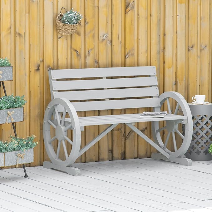 Outsunny 41" Wooden Wagon Wheel Bench, Rustic Outdoor Patio Weather Resistance Furniture, 2-Person Slatted Seat Bench with Backrest, Light Gray