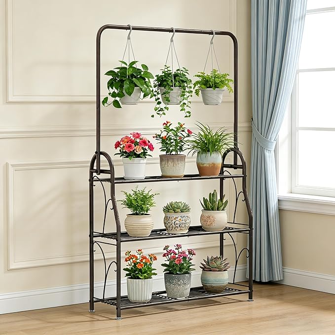 SORCEDAS Plant Stand Indoor Outdoor 3 Tier Tall Corner Hanging Shelf Metal Flower Stands Ladder Holder for Living Room Balcony Garden Patio Multiple Plants, Bronze