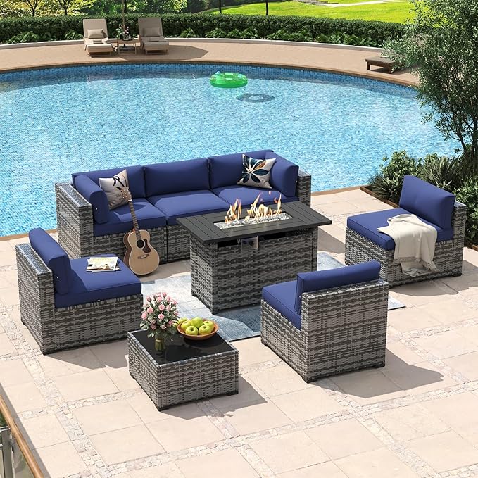 Aoxun 8 Piece Patio Furniture Set with 44” Fire Pit Table Paito Conversation Set Wicker Rattan Outdoor Sectional Sofa Set with Waterproof Cover and Thickened Cushions (Grey/Blue)