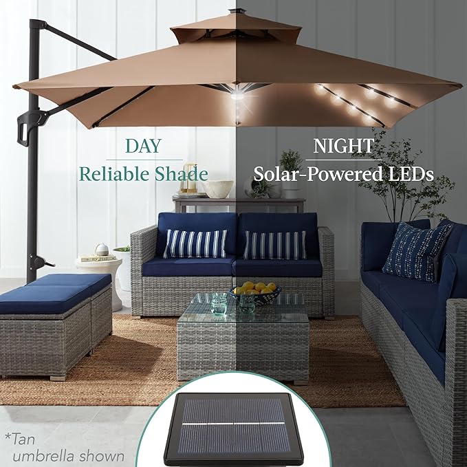 Best Choice Products 10x10ft Cantilever Patio Umbrella w/Base Included, Solar LED Lights 360 Rotation Large Offset Hanging Outdoor Shade for Deck Pool Backyard w/Stand – Deep Taupe