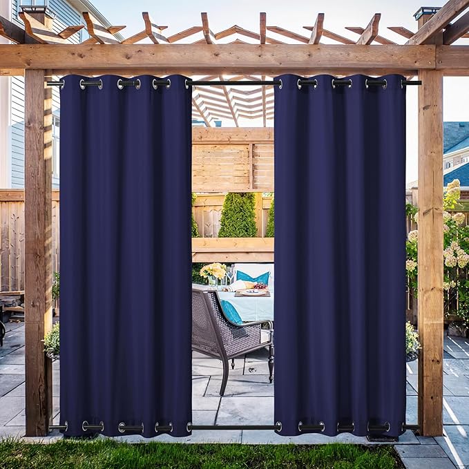NICETOWN Canvas Outdoor Curtains for Patio Waterproof Extra Long 108" Length, 2 Panels Thermal Insulated Top and Bottom Grommet Privacy Vertical Drapes for Porch/Gazebo, 55" Wide, Dark Blue