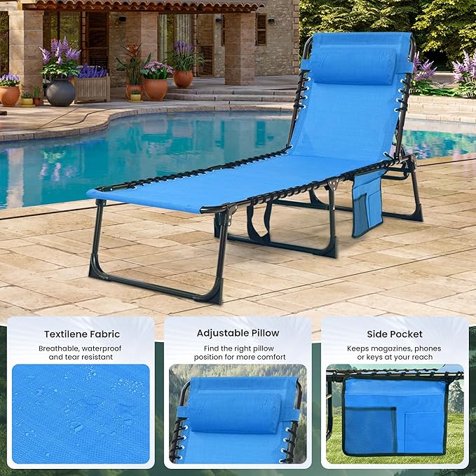Folding Chaise Lounge Chair - 400lb Capacity, 5-Position Adjustable Recliner with Pillow | Portable for Patio, Pool, Camping & Sunbathing (Blue)
