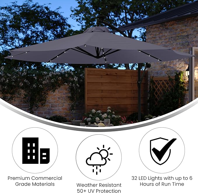 Flash Furniture Sedona Round Solar Cantilever Umbrella, Commercial Grade with Built in Cross Base, Crank and Tilt, 32 LED Lights, 6 Hour Run Time, 10 FT, Gray