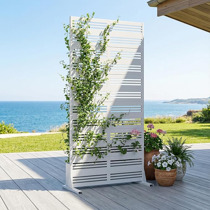 Casaphoria Metal Privacy Screen Outdoor, 72" H x 35" W Freestanding Decorative Privacy Screen for Patio Deck Balcony Garden with Stable Base, White-Benjamin