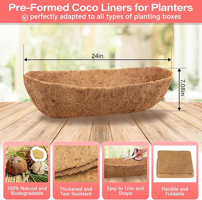 Legigo 2 Pack Trough Coco Liner for Planters- 24 Inch Window Box Liners Coconut Coir Basket Liners, Planter Box Coconut Liner for Window Flower Box Pots, Fence Trough Planter, Wall Planter Basket