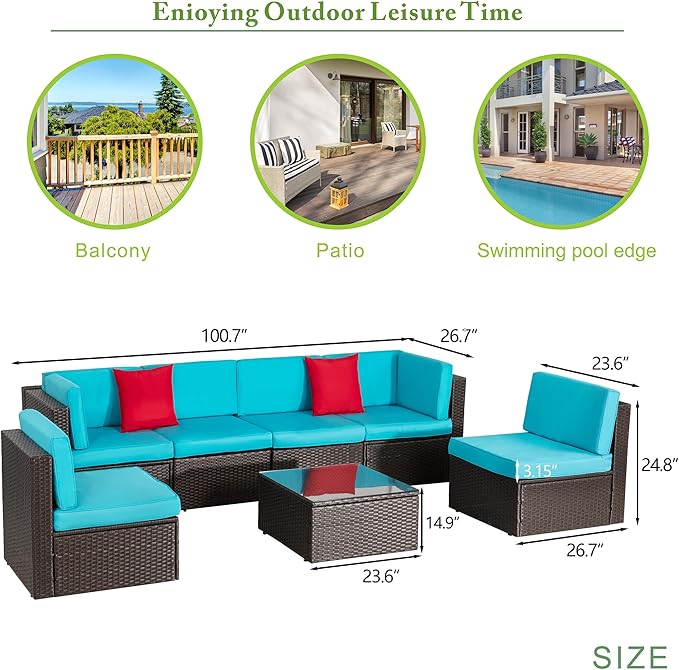 Vongrasig 7 Pieces Patio Furniture Sets, Outdoor All-Weather Wicker Patio Conversation Sets, L-Shaped Rattan Sectional Patio Sofa with Glass Table for Backyard, Blue