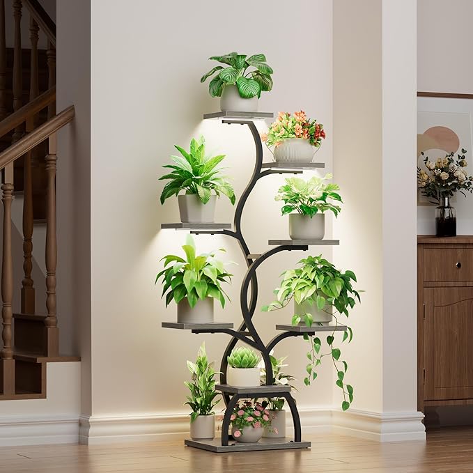 Plant Stand Indoor with Grow Light - 8 Tiered Plant Shelf Indoor, Corner Plant Stand, 49" Tall Plant Shelf with Lights for Indoor Growing, Lighted Flower Holder for Living Room, Balcony (Gray)