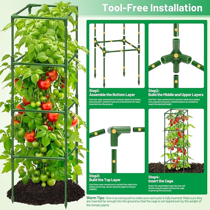 Legigo 4 Pack Square Tomato Cages for Garden- Up to 60 Inch Tomato Plant Support Stakes Cage, Heavy Duty Steel Tomato Trellis Garden Stakes for Raised Garden Bed Climbing Vegetables Cucumbers Flowers