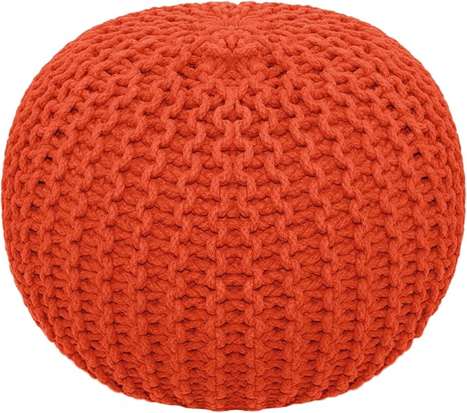 COTTON CRAFT Round Pouf - Hand Knitted Cotton Braid Cord Cable Dori Ottoman - Foot Stool Floor Pouf Footrest Accent Seat Furniture Bean Bag - Living Room Kids Room Nursery Dorm Décor - 20x14 - Orange
