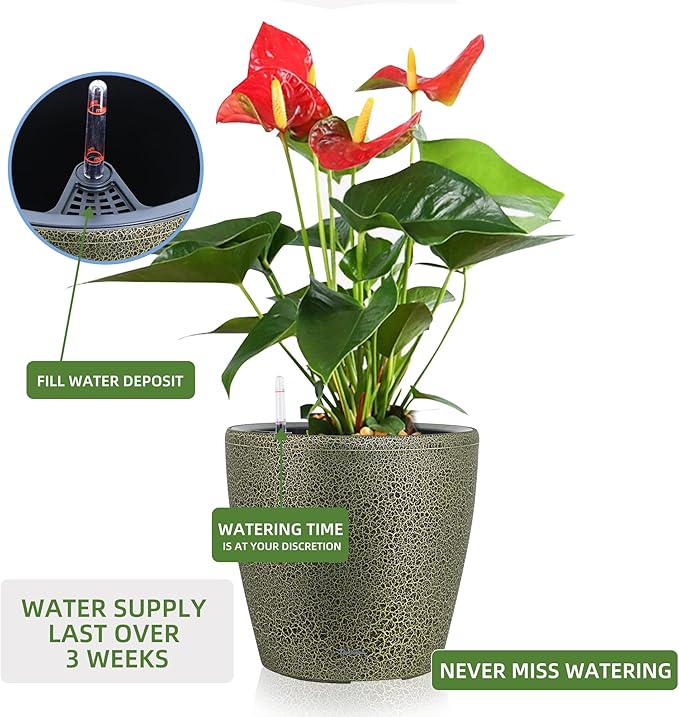 Dexceder 18x17 Self Watering Planter with Wheels Indoor Outdoor, Inner Pot Design, Thickened Large Floor Standing Flower Plant Pot with Water Level Indicator (Black Gold Crackle)