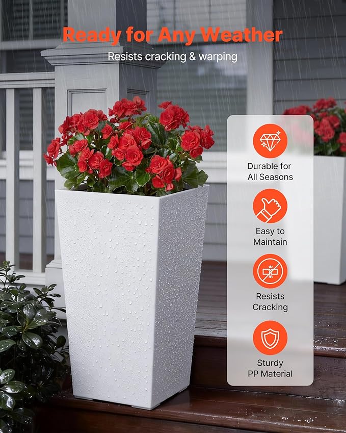 VEVOR Set of 2 Tall Planters for Outdoor Plants 22 inch, White Tall Planter for Indoor Plants, Modern Planters for Front Porch Patio Balcony, Plant Container Flower Pots with Built-in Drainage