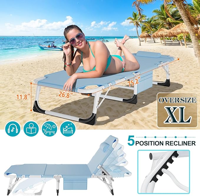 ABORON 3 in 1 Sun Tanning Chair Oversized with Mat&Face Arm Hole, Heavy Duty Folding Chaise Lounge Chairs, 5-Position Outdoor Lounge Chair/Pillow, for Beach, Pool, Lawn, Yard, Patio