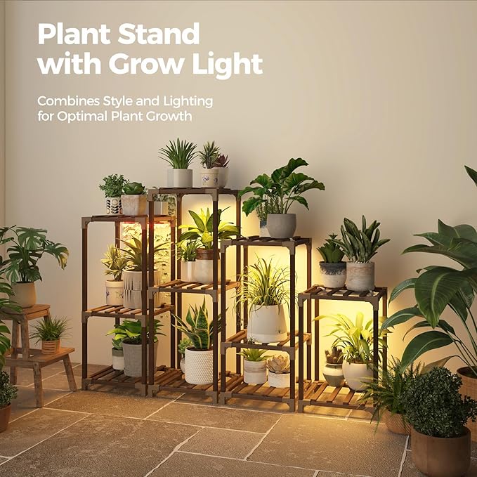 Bamworld Plant Stands with Grow Light Indoor 4 Sets Plant Shelves Outdoor Wooden Plant Holder for Multiple Plants Flower Stands Window Warm Light