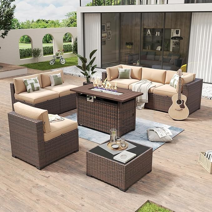 Aoxun 8 Piece Patio Furniture Set with 44” Fire Pit Table Wicker Rattan Outdoor Sectional Sofa Set with Coffee Table and Thickened Cushions & Hose, Khaki (Waterproof Cover Included)
