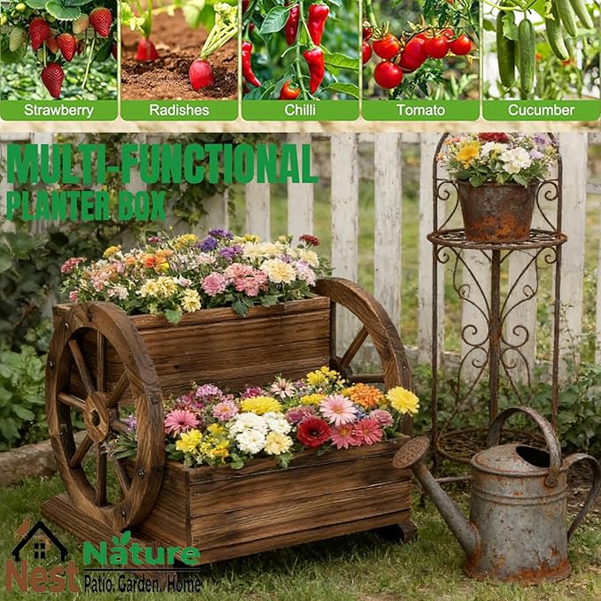 NestNature Wooden Wagon Planter Box,Raised Garden Bed,Decorative Garden Planters with Wheels-Outside Flower Pots for Indoor/Outdoor Décor Plants