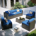 Aoxun Patio Furniture Set, 7 Piece Outdoor Sectional Sofas with Waterproof Cover, Wicker Rattan Outdoor Furniture Patio Conversation Set for Backyard, Garden Navy Blue