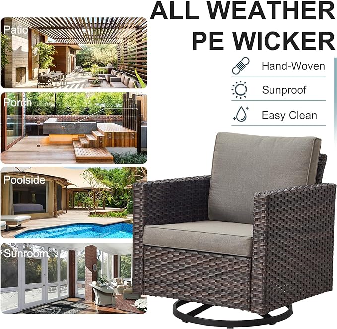 Belord 5 Pieces Wicker Patio Furniture Set: 4 Outdoor Swivel Glider Rocker Patio Conversation Set with 50000BTU Propane Fire Pit Table, All Weather Grey Rattan Anti-Rust Frame, Brown Cushion