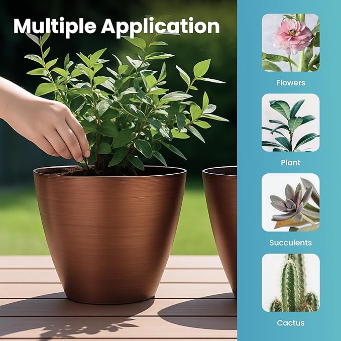 2 Pack Plastic Plant Pots with Drainage Holes, 8 inch Planter for Indoor Outdoor Plant, Garden Flower Pots for Aloe, Herbs, Cactus (Brushed Copper, 2pcs)