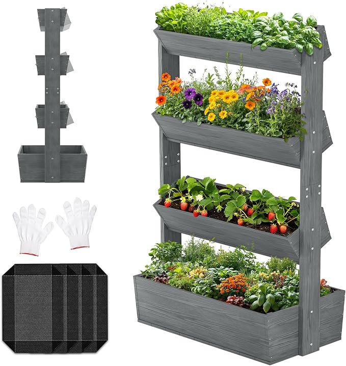 Wooden Vertical Raised Garden Bed, 4 Tier Garden Planters Raised Beds Freestanding Plant Stand Flower Rack Wooden Planter Box for Plants Herbs Flowers Vegetables Outdoor Indoor Gardening