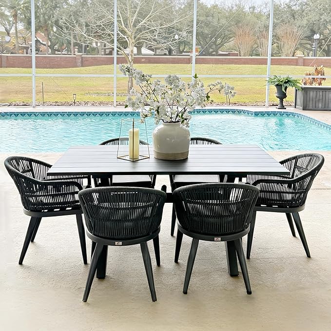PURPLE LEAF 7 Pieces Patio Dining Set with Outdoor Aluminium Dining Table and Woven Rattan Chairs Modern Metal Furniture Cushions Sets for Garden Yard Indoor Decor Kitchen Grey