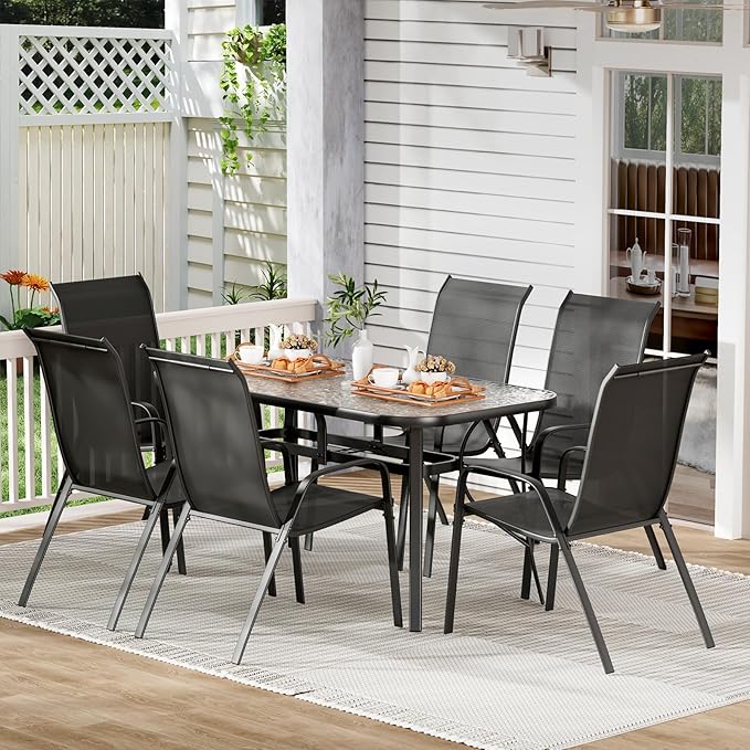 TLSUNNY 7 Pieces Patio Dining Set, Outdoor Table and Chairs W/1.69″ Umbrella Hole, 30"X 55" Table and Stackable Textilene Chair, All Weather Patio Furniture Set (Umbrella not Included) (Black)
