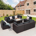 NICESOUL 9pcs Patio Furniture Set with Fire Pit Propane/Gas, 29.3'' High Back Modern Comfy Outdoor Conversation Set, Extra Wide Modular Sofa for Heavyweight, Brown Rattan and Dark Gray Cushion
