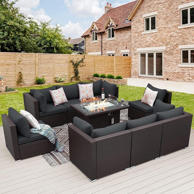 NICESOUL 9pcs Patio Furniture Set with Fire Pit Propane/Gas, 29.3'' High Back Modern Comfy Outdoor Conversation Set, Extra Wide Modular Sofa for Heavyweight, Brown Rattan and Dark Gray Cushion