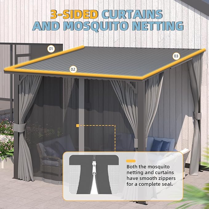 AECOJOY 12'x8' Outdoor Hardtop Gazebo Pergola with Curtains and Netting for Patio, Large 8x12 Steel Heavy Duty Lean to Wall-Mounted Pergolas and Grill Gazebos Clearance, Metal Roof Awnings for Decks