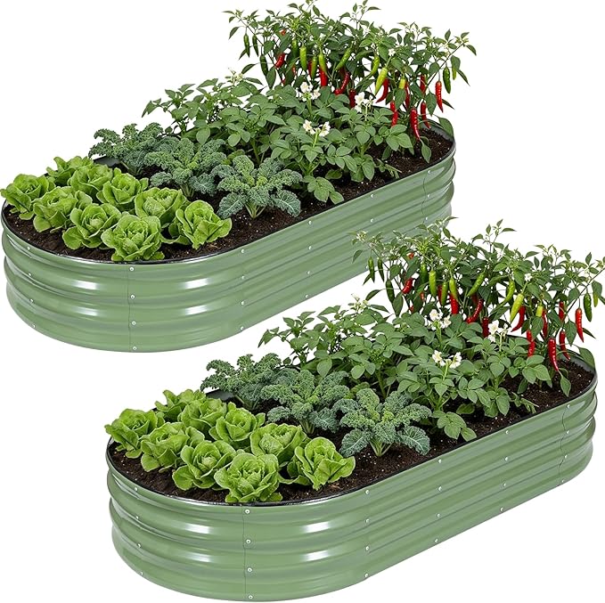 Galvanized Raised Garden Bed Outdoor, 6x3x1ft Oval Metal Raised Beds for Gardening, Rust-Resistant Garden Planter Box for Planting Vegetables, Flowers, Fruits in Lawn(Olive Green, 2 Packs)